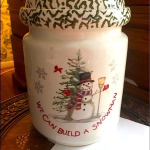 SNOWMAN COOKIE JAR no lid and Plates , Cups Set